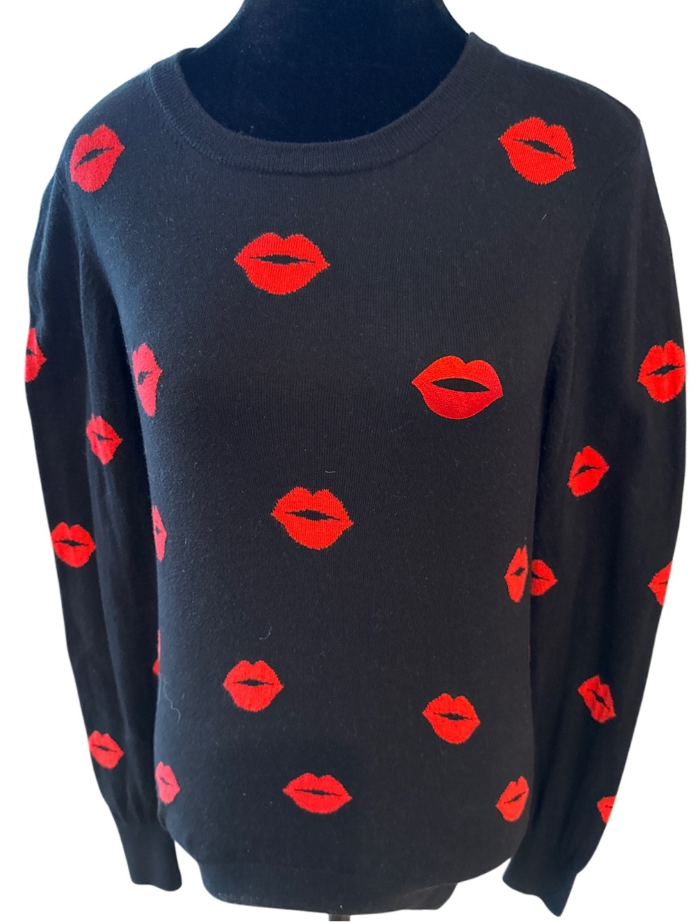 French Connection Black Red Lips Kiss Print Knit Sweater - NWOT- Size S